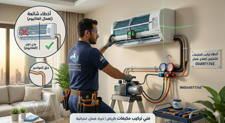 إنفوجرافيك توضيحي من موقع splitriyadh.com يقارن بين أخطاء تركيب المكيفات الشائعة مثل خنق المواسير النحاسية وإهمال عملية الفاكيوم، وبين التركيب الاحترافي باستخدام ميزان الليزر ومعدات فحص ضغط الفريون لضمان أداء تبريد مثالي في الرياض.