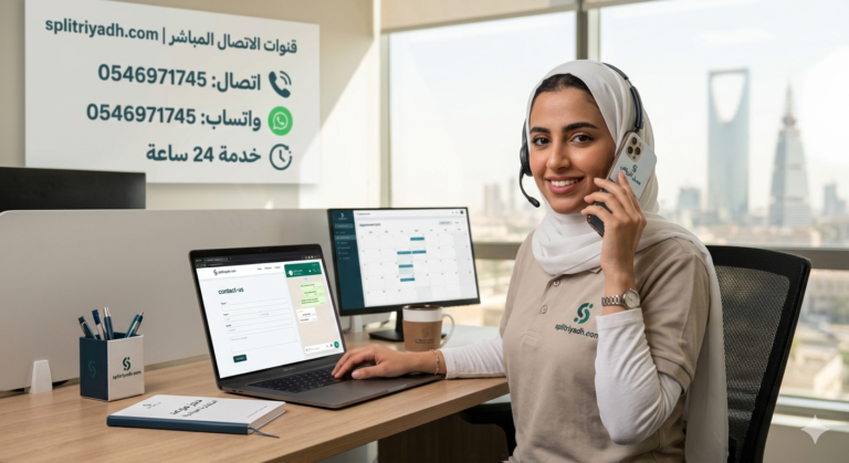 موظفة خدمة عملاء موقع splitriyadh.com في الرياض تبتسم وهي تتحدث عبر الهاتف وتستخدم الكمبيوتر لحجز موعد تركيب مكيف سبليت، ويظهر خلفها لوحة بمعلومات الاتصال: الهاتف والواتساب 0546971745 والخدمة على مدار 24 ساعة.