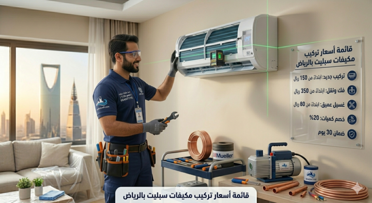 إنفوجرافيك يوضح قائمة أسعار تركيب مكيفات سبليت بالرياض تبدأ من 150 ريال، وفك ونقل المكيفات من 350 ريال، مع توضيح خصومات الكميات وضمان 30 يوم، يظهر فيها فني محترف يستخدم ميزان الليزر ومعدات أصلية لضمان جودة الخدمة.